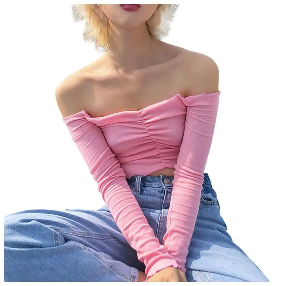 Pink Женская осенне-зимняя модная женская Повседневная Однотонная футболка с длинными рукавами и рюшами, блузка с открытыми плечами, топ с длинными рукавами, blusa BB3M - Цвет: Pink