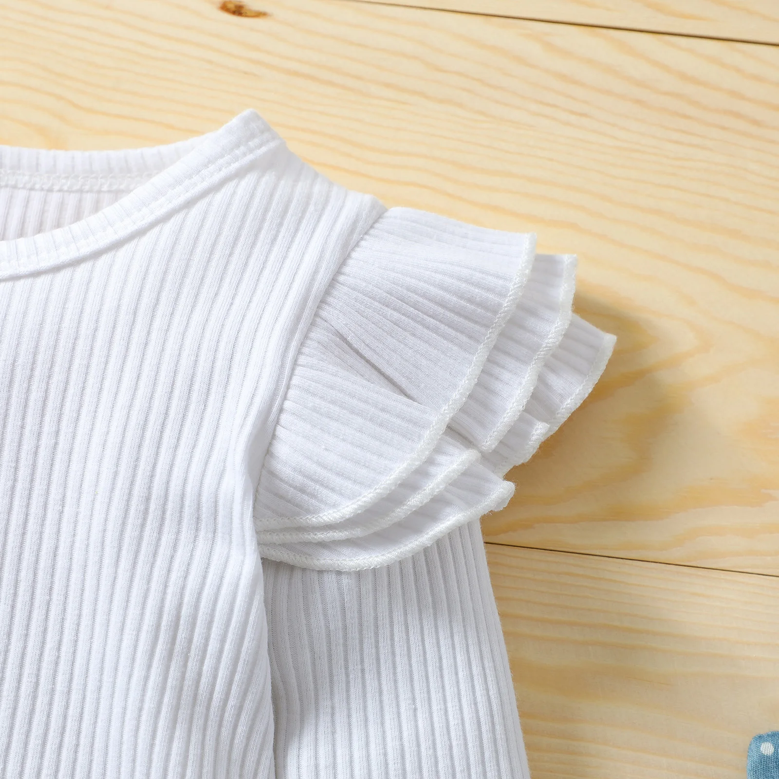 3 Pcs Newborn Casual Outfits Baby Girls Ribbed Fly Sleeve Round Neck Romper + Dot Print Flared Pants Bowknot Headband | Детская одежда