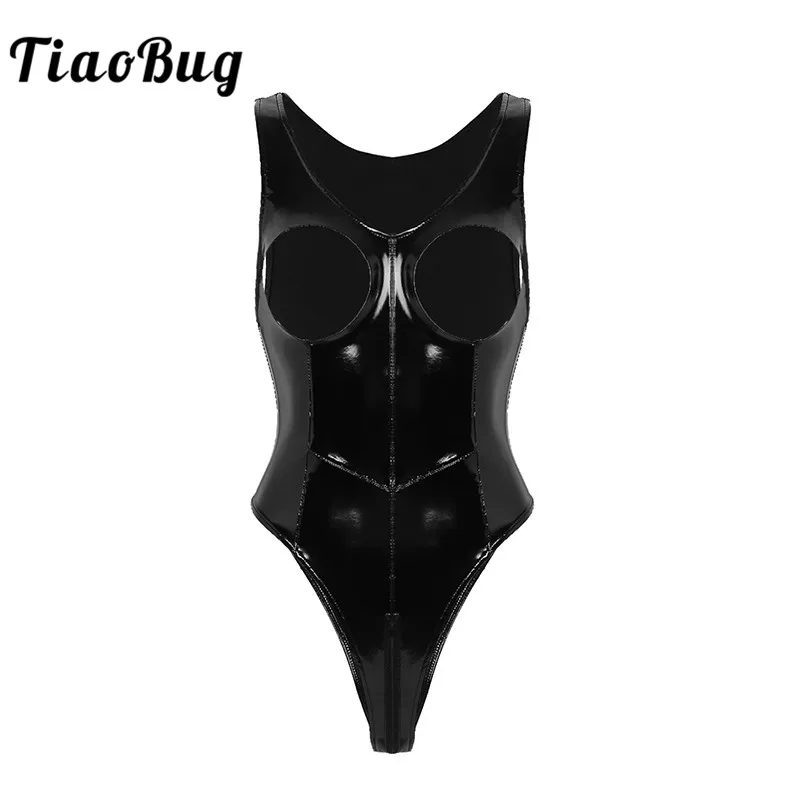 TiaoBug Черный Wetlook искусственная кожа цельное белье открытый бюст молния мотня плавательный костюм без рукавов Женская сексуальная пижама в виде боди