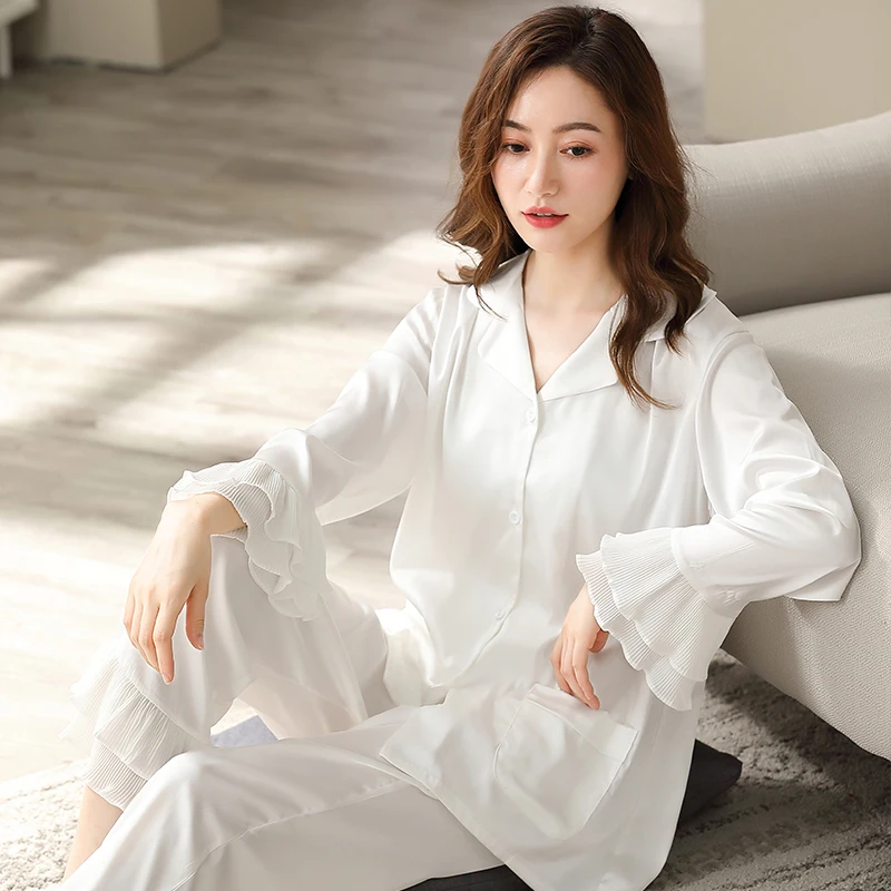 Summer 2021 Pyjamas Femme Satin Pajamas Women White Sleepwear Nightwear Nuisette Silky Pijama Satin PJ Lotus sleeves Homewear