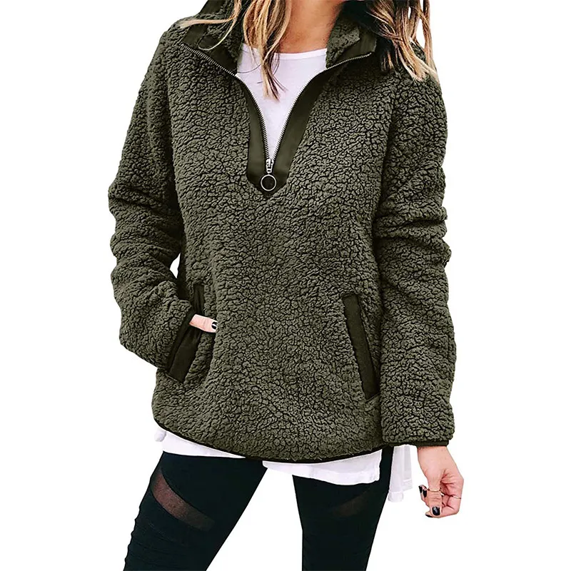 Women Plush Zipper Sweatshirt Long Sleeve Loose Pullover Outwear with Pockets JS26 | Женская одежда
