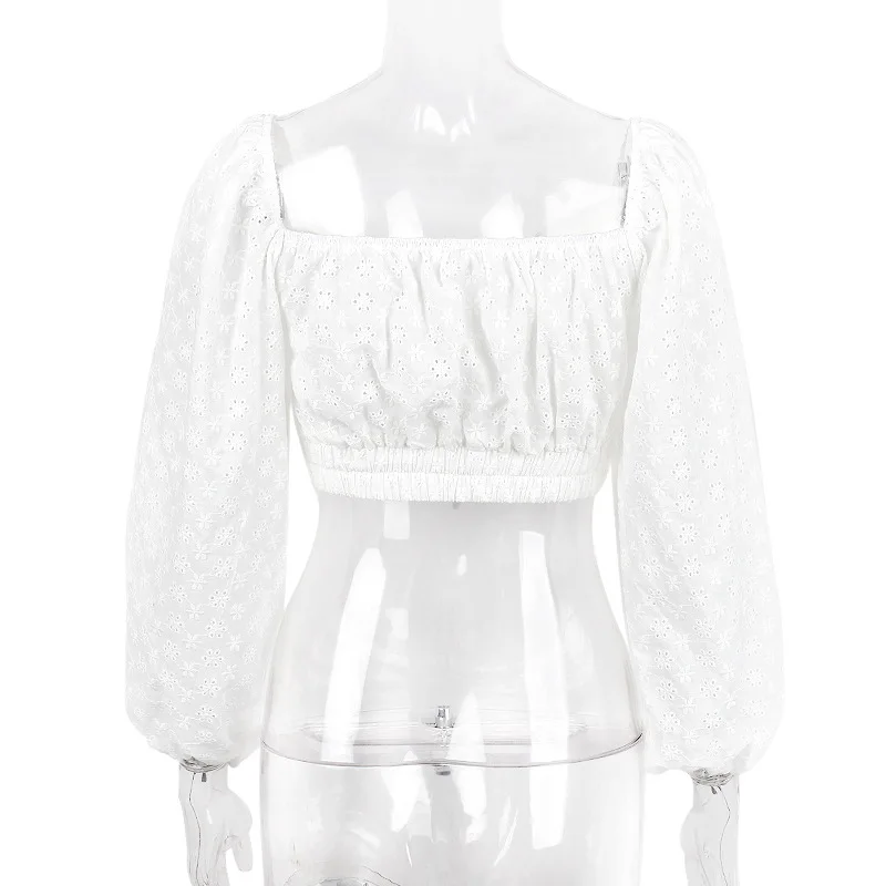 

2021 Fashion Long Sleeve Hollow Out Tops Female Loose White Crochet Hollow Shirt Top Women Stylish Crop Top Solid Color Ladies