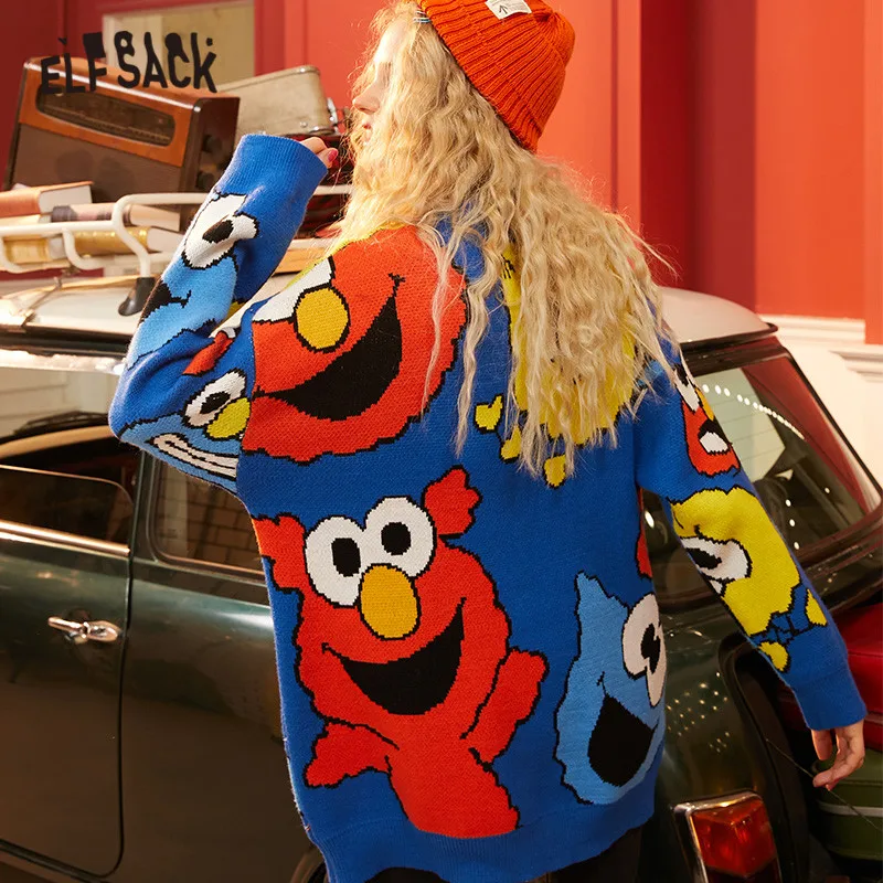 Женский Повседневный вязаный пуловер ELFSACK синий с длинными рукавами и мультяшным