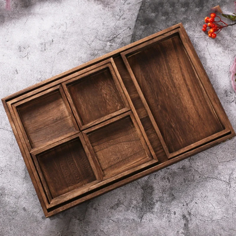 

7Pcs/Set Wooden Tea Tray Serving Table Plate Snacks Dessert Food Storage Dish Tea Coffee Breakfast Tray Hotel Home Serving Tray