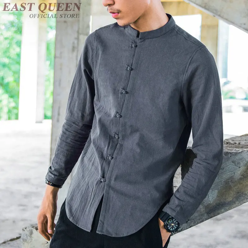 Мужская хлопковая рубашка однотонная льняная в японском стиле из конопли весна