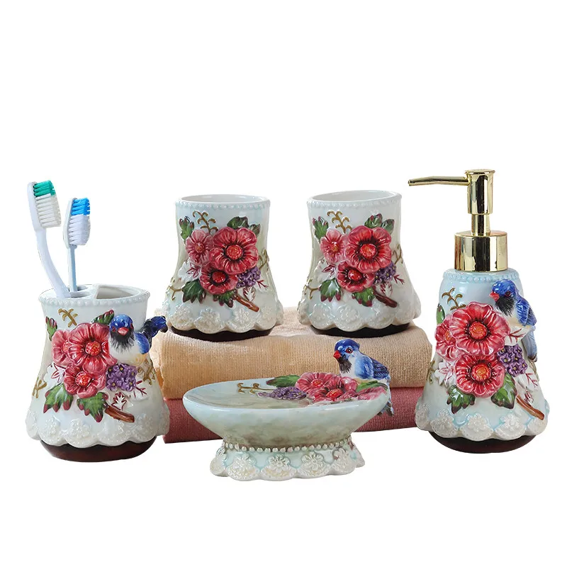 

Bathroom Accessories Set Ceramic Soap Dispenser Toothbrush Holder Gargle Cup 5 Pieces Set Wedding Gifts Magpie and Flower Style