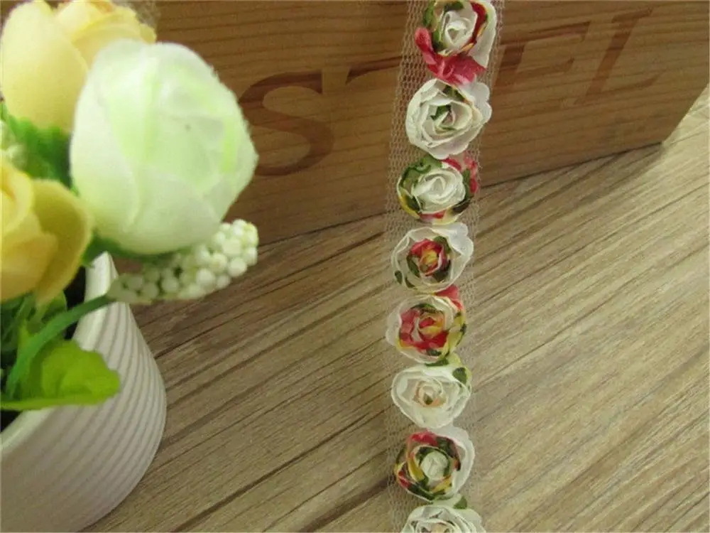 2 ярда Одиночная шифоновая цветная Роза цветок вышитая кружевная отделка Лента