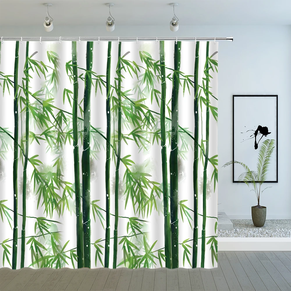 green bamboo shower curtains spring plant scenery bird butterfly koi leaf pattern zen garden bathroom decor cloth curtain set free global shipping