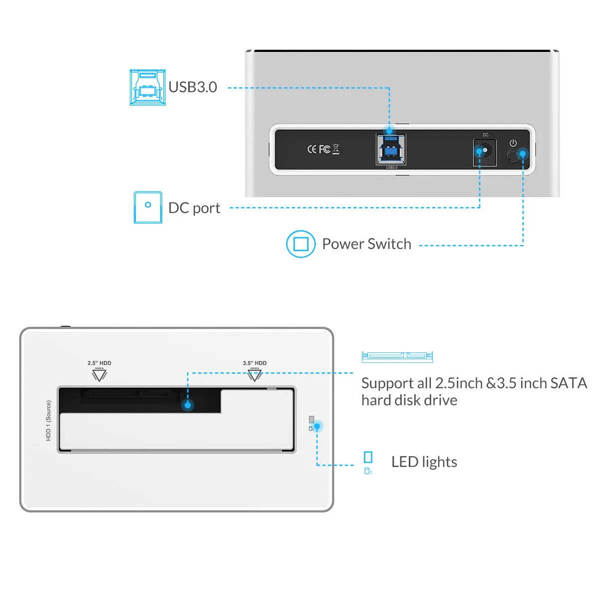 Чехол для жесткого диска ORICO 2,5 3,5 '', док-станция для жесткого диска SATA-USB 3,0, корпус для жесткого диска с поддержкой UASP, алюминиевый чехол для жесткого диска, без инструментов, SSD