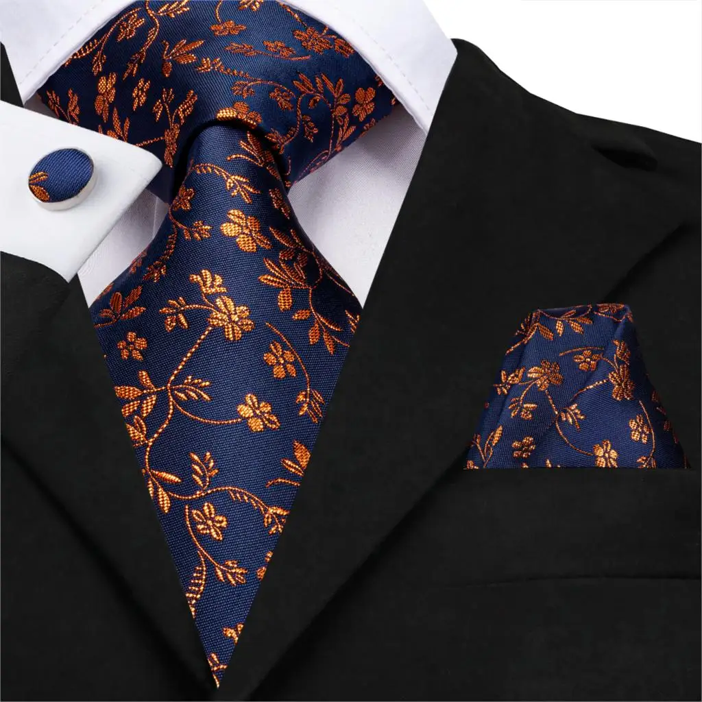 Hi-Tie темно-синий носовой платок с цветочным узором Запонки Набор 100% шелковые