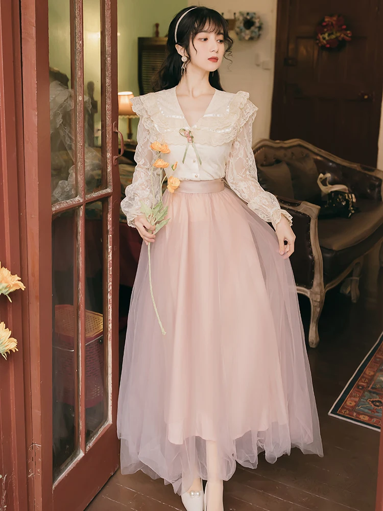 Женский элегантный костюм с юбкой расклешенные рукава милая кукла кружевная