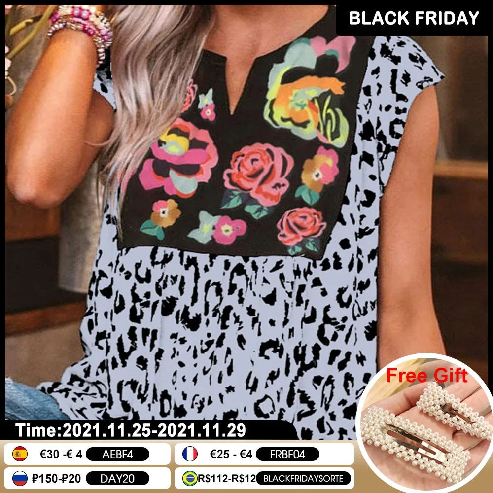 

Casual Leopord Pattern Women Printing Tops Short Sleeve Female Loose T-shirt Ladies Travel Vacation Patchwork Feamle Clothing