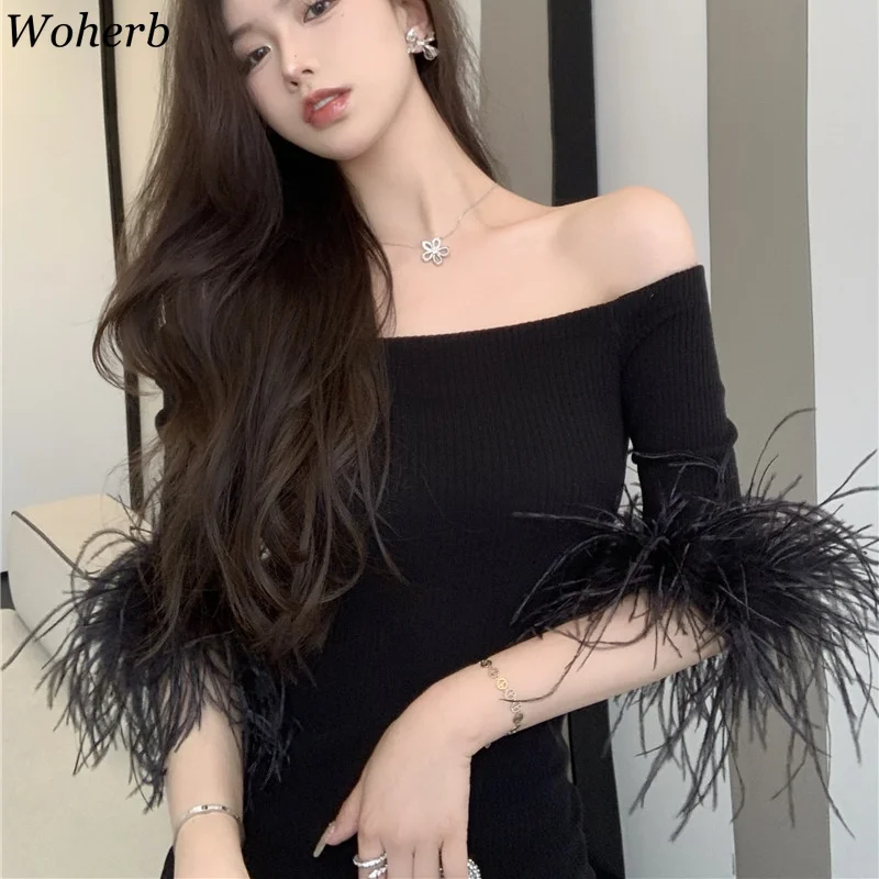 Сексуальное женское платье Woherb Осеннее черное шикарное Облегающее вязаное