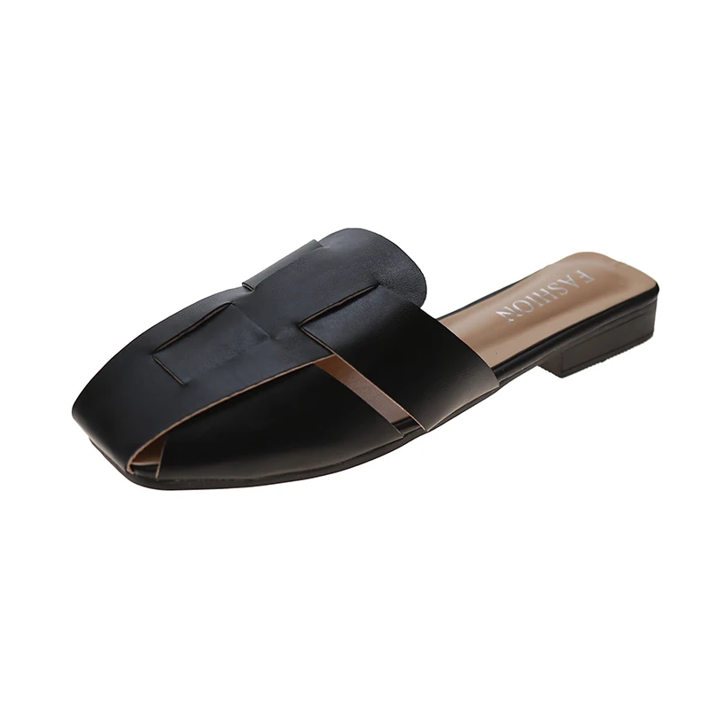 

Shoes Mules For Women 2021 Fretwork Heels Low Slippers Casual Loafers Pantofle Cover Toe Slides Luxury Summer New PU Rubber Fash
