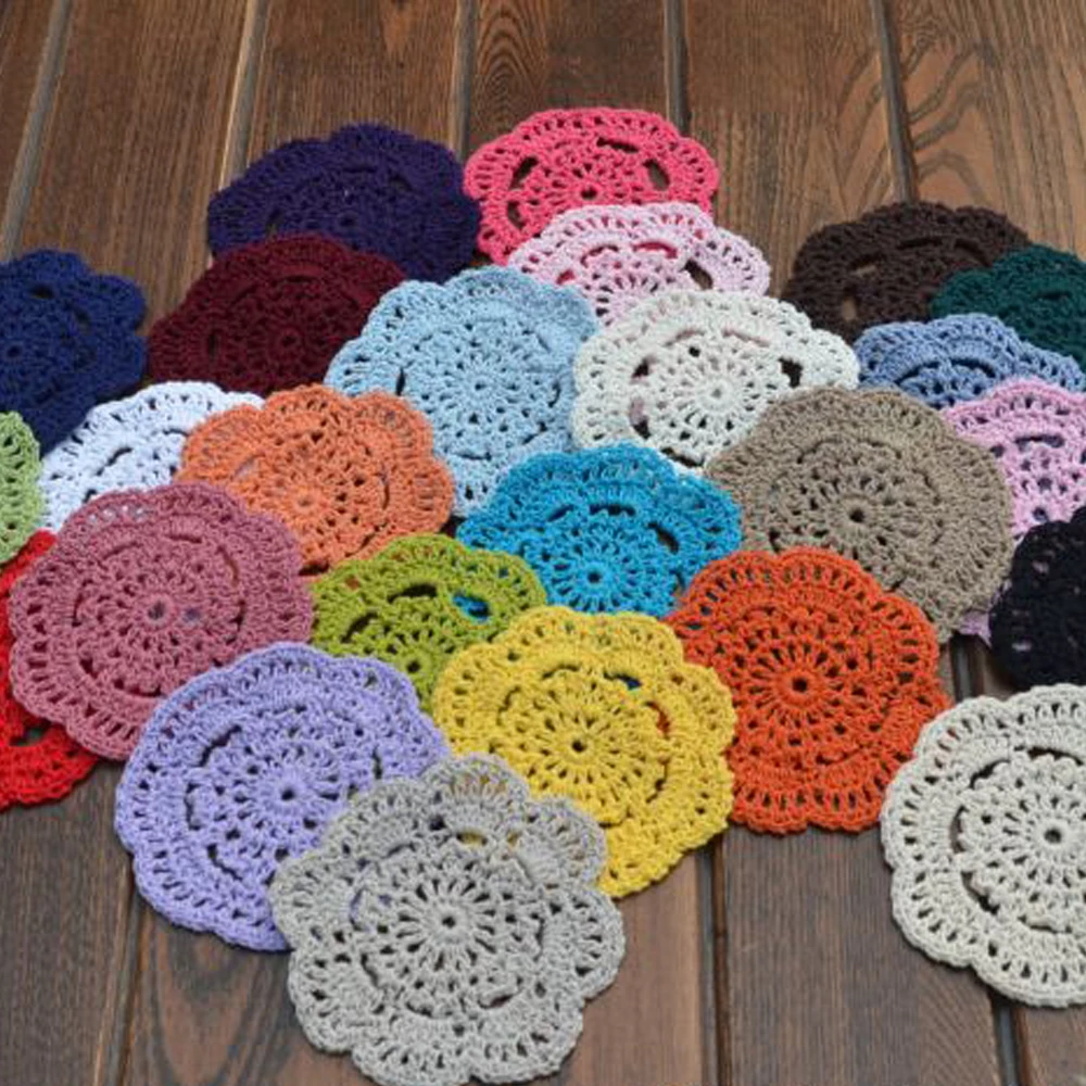 

10pcs/lot Hand Crochet Doilies Pad Handmade Flowers Cup Mat Photo Props Decorative Placemat DIY Clothes Accessory