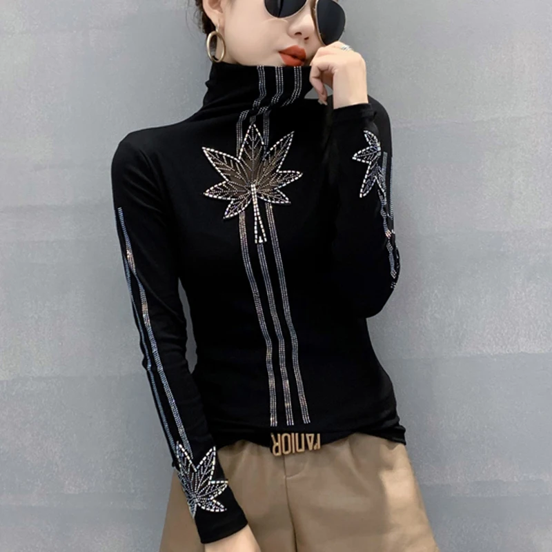 

#5771 Black Turtleneck T Shirt Women Diamonds Striped Slim Basic T-shirt Femme Cotton Streetwear Tee Hollow Out Spring Autumn