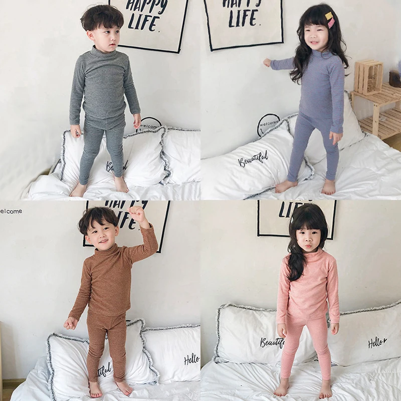 Комплекты для мальчиков и девочек детские пижамы полосатый топ с высоким