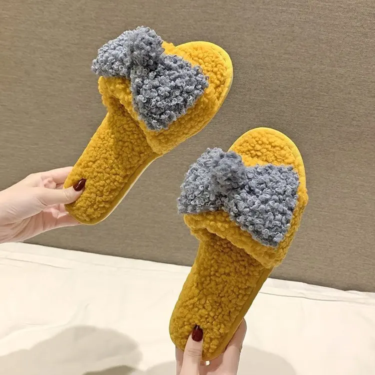 New Home Cute Bowknot Cotton Slippers Ladies Autumn and Winter Comfortable Slippers Furry Slippers Women Fashion Women's Shoes
