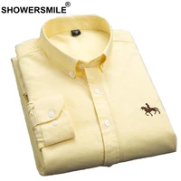 showersmile shirt men yellow pure cotton casual slim fit shirt male embroidery long sleeve shirt autumn big size mens clothes