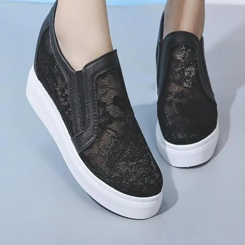 2021 White Women Shoes Summer Mesh Lace Women Casual Shoes Sneakers Breathable Hollow Flat Loafers Slip-On Height Increase Shoes