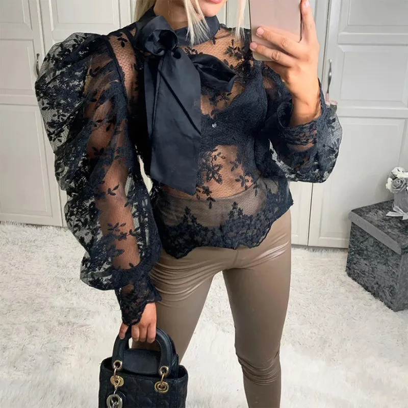 

Summer Chic See-through Women Blouses Puff Sleeve Mesh Blouses Office Lady Floral Lace Crochet Long Sleeve Hollow Elegant Shirts