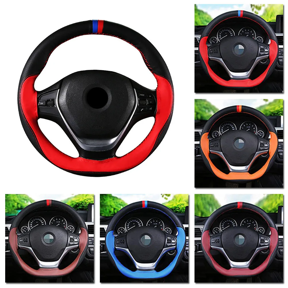 

Leather 38cm DIY Car Steering Wheel Cover W/ Needles Thread Steering Wheel Cover