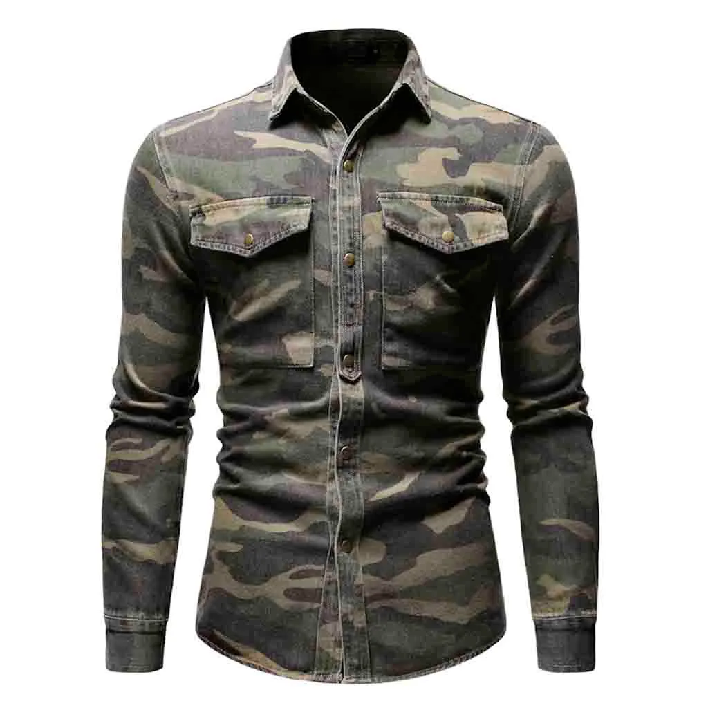 Camouflage Мужская рубашка камуфляжная на пуговицах джинсовая накладной карман отложной воротник Топ Блузка Camisa vaquera плюс размер Гавайская 3XL уличная - Цвет: Camouflage