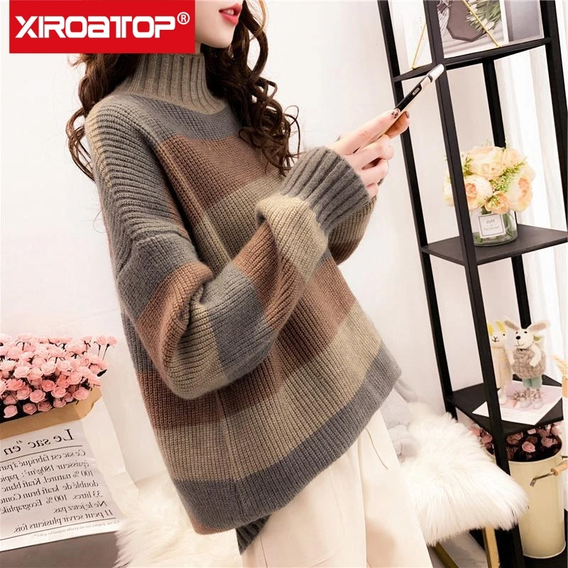 

Women autumn winter Half Turtleneck pullover retro sweater women 2021 new Korean striped loose mid-length knitted thick sweater