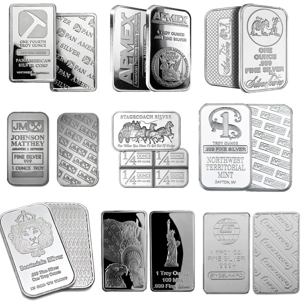 

14 Different Styles Of Silver Bullion Collection. America Switzerland Germany Silver Bar.Silver-Plated Brass Core Handicraft Co