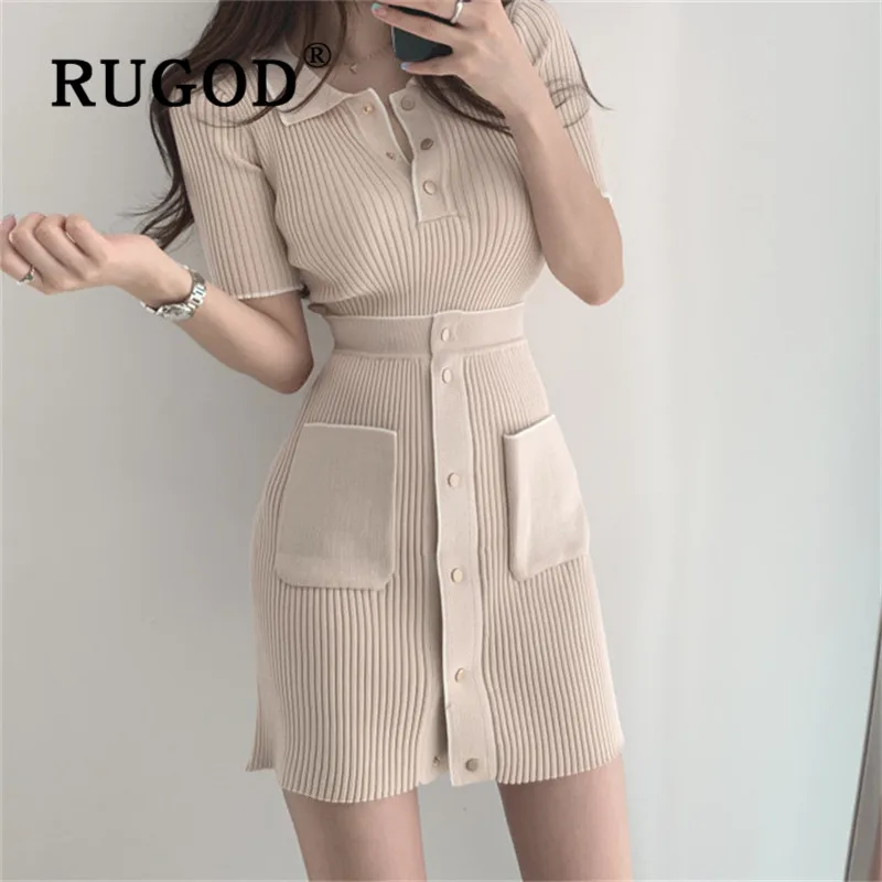 RUGOD 2020 Новый женский летний комплект с юбкой воротник поло короткий рукав вязаный