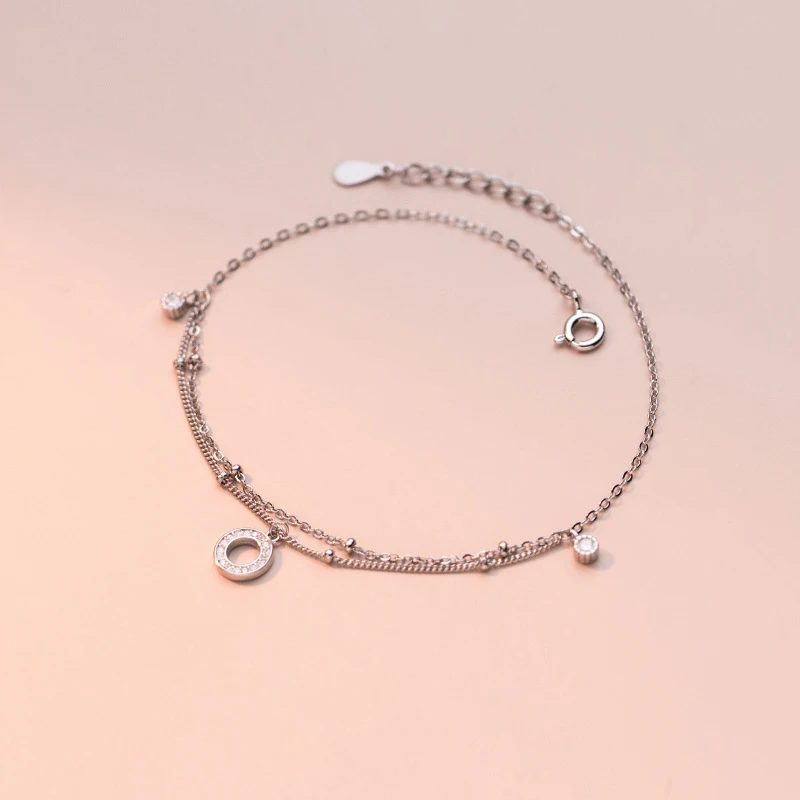 

925 Sterling Silver Rose Gold Circle Ankle Women Jewelry Leg Bracelet Decoration On Foot Chain Female Gift 21.5 CM Adjustable