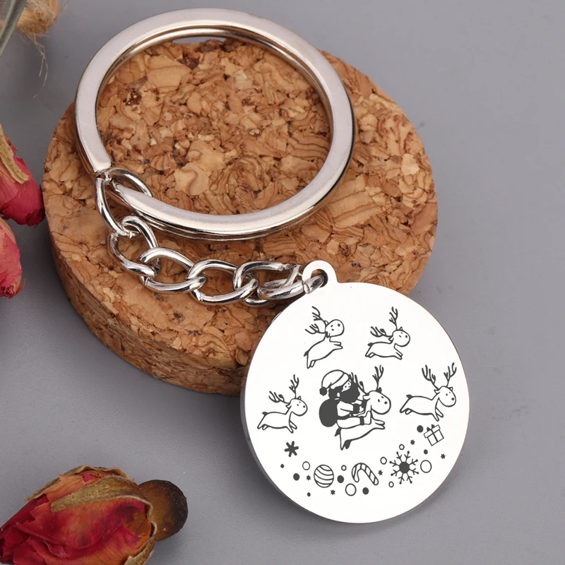 Stick Figure Santa Claus And Elk Dangle Round Keychain For Christmas New Year Exclusive Gift Tree Decoration | Украшения и
