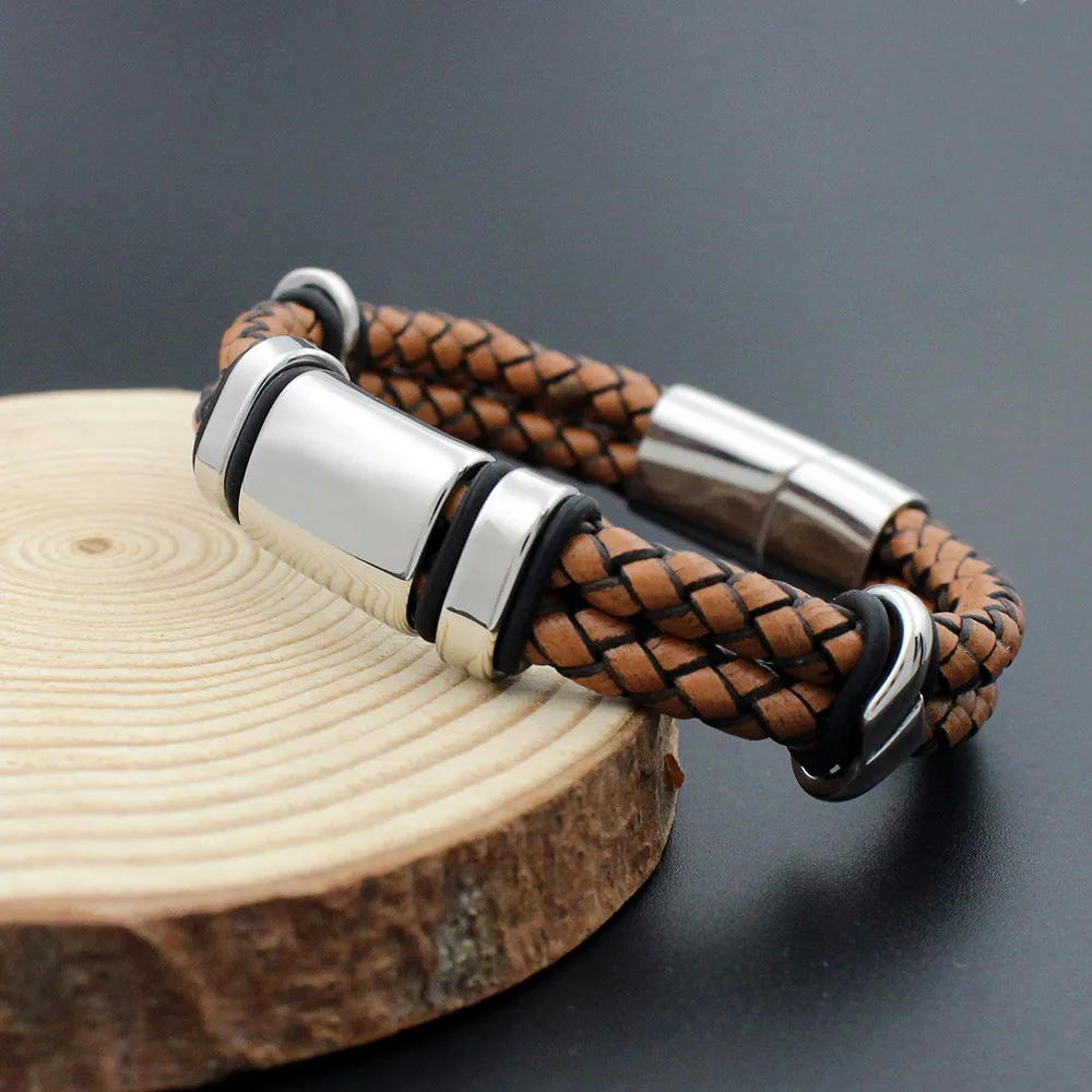Двойной плетеный Ретро браслет из натуральной кожи мужские браслеты нержавеющей