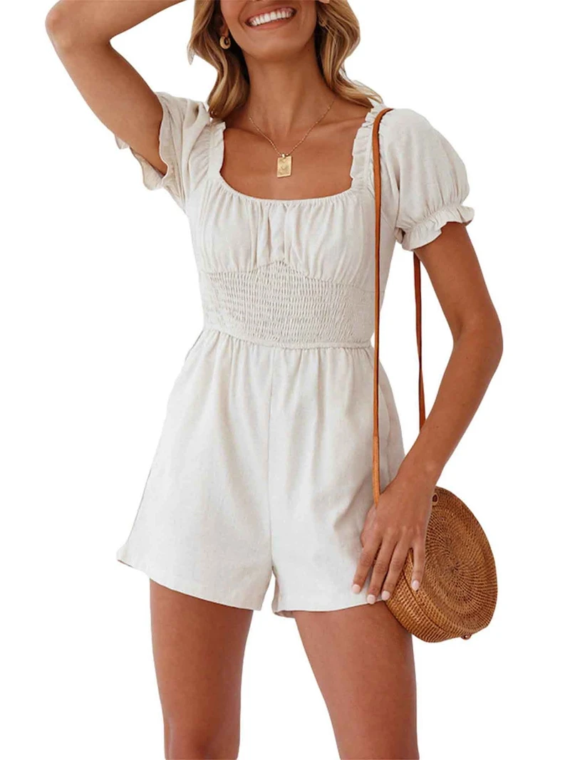 

Women Fashion Short Sleeve Square Collar Romper Jumpsuit Stylish Solid Color Romper Jumpsuit