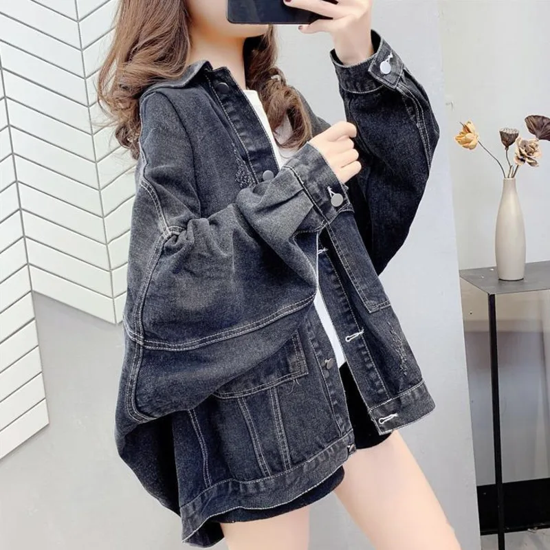 

2021fashion Womens Black Blue Denim Jacket Korean Version Spring Autumn Jeans Coat Casual Harajuku Streetwear Female Vintage