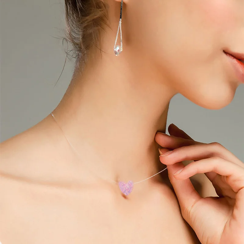 2019 Female Transparent Fishing Line Necklace Silver Invisible Chain Women Bright Heart Choker Collier Femme | Украшения и