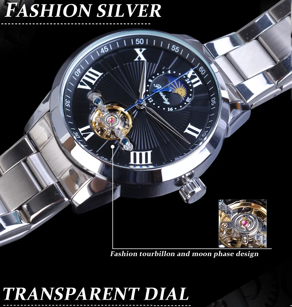 Forsining классические мужские Tourbillon механические часы модный бренд черный Moonphase бизнес стальной ремешок автоматические часы Reloj Hombre