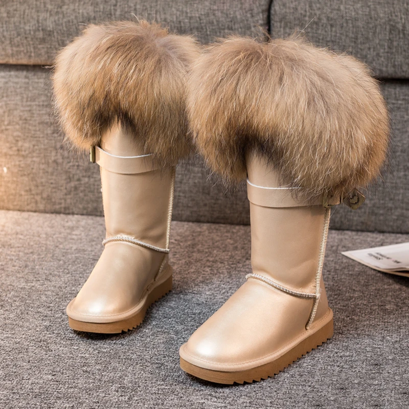 beige Новые зимние женские ботинки зимние ботинки на лисьем меху ботинки до середины икры из натуральной кожи женские нескользящие водонепроницаемые теплые ботинки на плоской подошве - Цвет: beige
