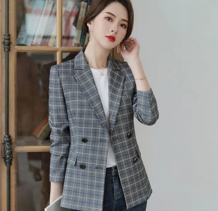 Gray plaid blazer Модный женский Блейзер длинный рукав двубортный серый фиолетовый клетчатый тонкий пиджак офисный Женский Повседневный пиджак - Цвет: Gray plaid blazer
