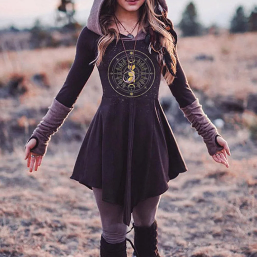 

Rosetic Hooded Gothic Hoodie Dress Women Moon Printed Goth Fashion Casual Hoody Spring Summer Short Dresses Long Sleeve 2021