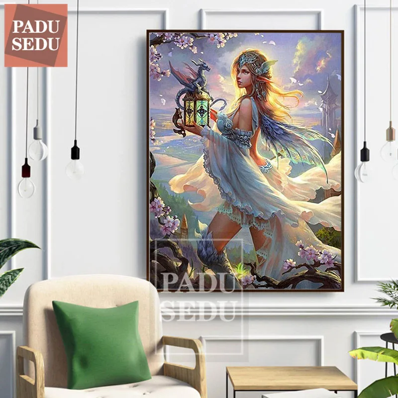 

Бриллиантовая живопись Бриллиантовая вышивка Фэнтези Elves Beauty Dragon, полноразмерная мозаичная картина стразы, украшение для стен, подарки