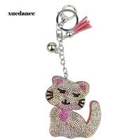 2019 creative cartoon good quality wholesale 5 color new fashion charm key chain pendant rhinestone cat leather keychain