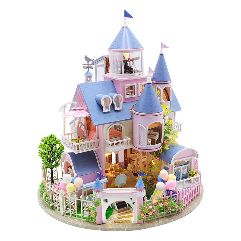

DIY Wooden Dollhouse Kit Princess Castle Miniature with Furniture Cute Casa Doll House Assembled Toys for Girls Xmas Gifts