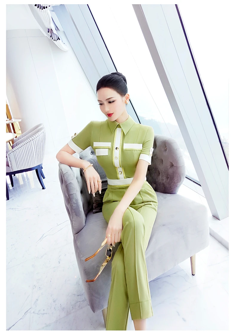 new summer office lady brand female women girls short sleeve thin green patchwork jumpsuits clothing