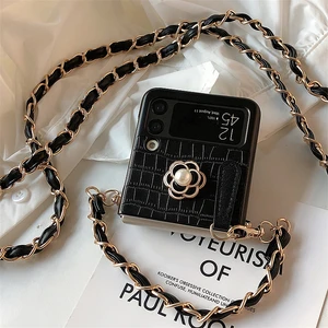 luxury 3d camellia crossbody chain with wrist strap phone case for samsung galaxy z flip 3 5g pu leather alligator pattern cover free global shipping