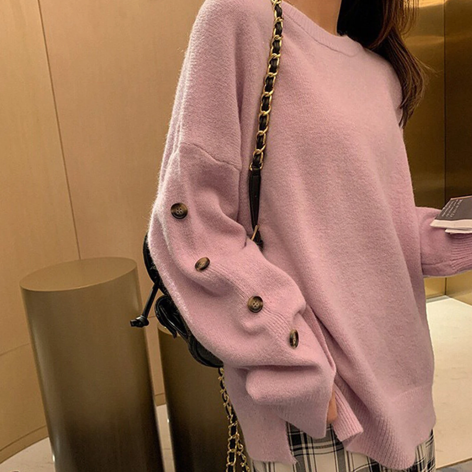 

Women Winter Loose Top Pullover Chic Jumpers Button Decor Knitwear Casual Sweater