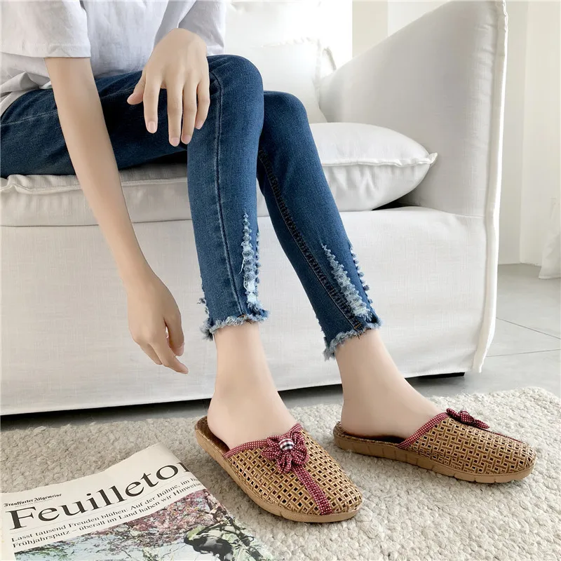 

Women 2021 Summer Shoes Breathable Slippers Casual Flat Slides with Flower Ladies Home Anti-slip Slip on New Flax Bow Sandals