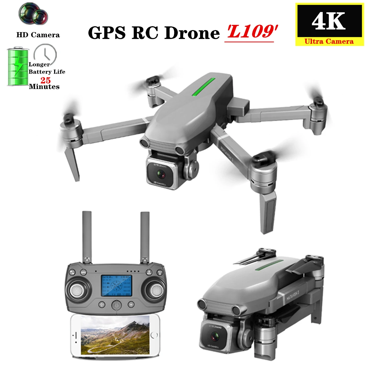 Радиоуправляемый Дрон L109 gps Профессиональный Квадрокоптер с Wi Fi FPV 4K HD камерой 1 км