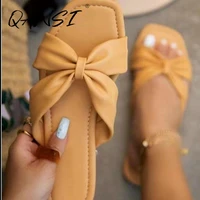 36 43 plus size summer bowknot flat womens slippers fashion square toe outdoor women shoes summer casual rubber sole sandals
