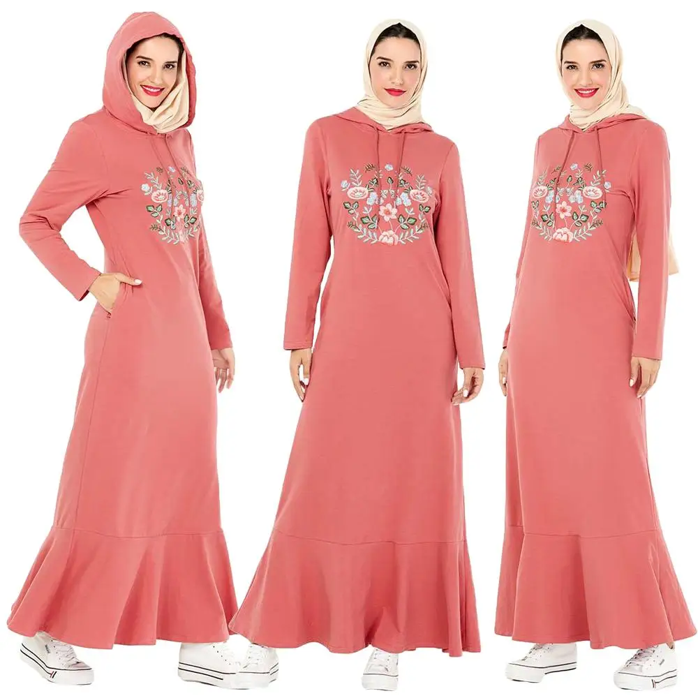 Женское мусульманское Макси платье с вышивкой и капюшоном повседневное джальбаб